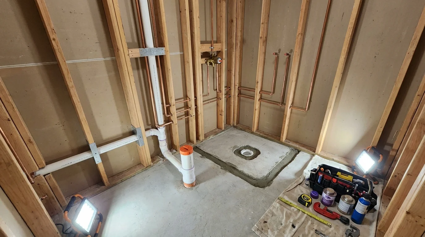 Bathroom rough-in plumbing during remodel by Johns Plumbing LLC in Grandview