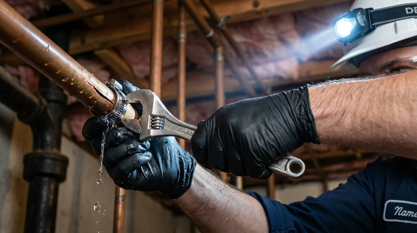 Emergency pipe clamp repair being performed by a Johns Plumbing LLC plumber in Grandview