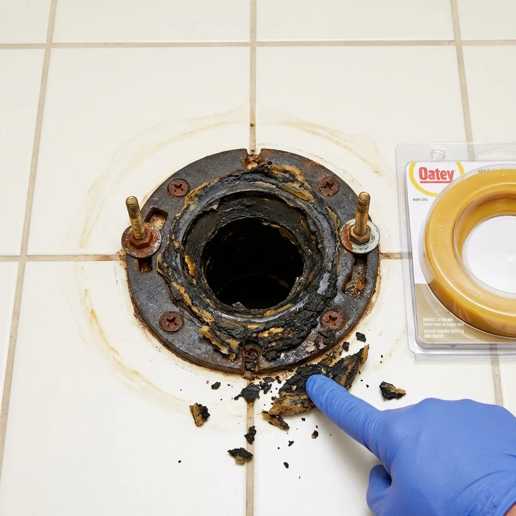 Failed wax ring showing water seepage at the base of a toilet in a Grandview, TX home