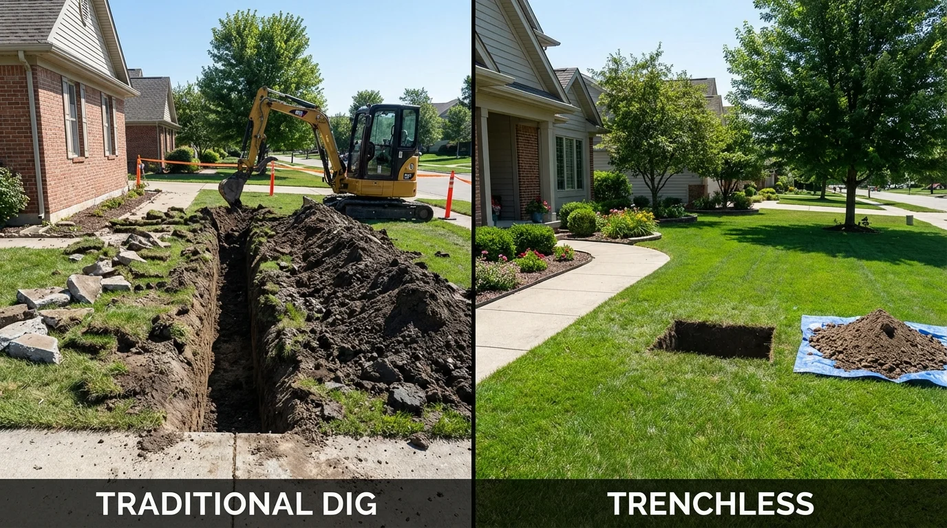 Trenchless sewer repair with minimal yard damage versus traditional excavation in Grandview, TX